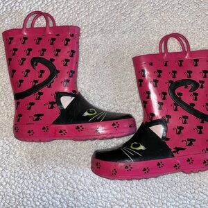 Pink and Black Cat Girls Rain Boots. Size 13